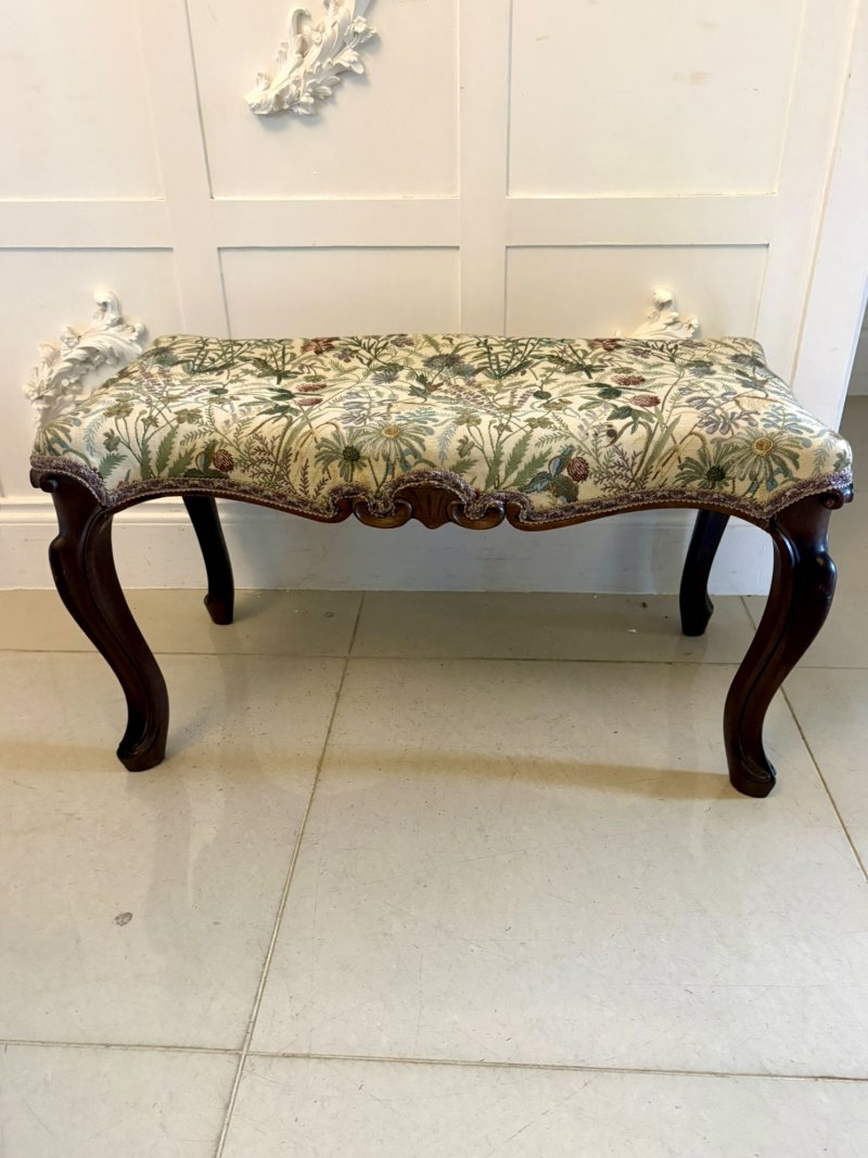 Antique Elegant Victorian Carved Walnut Window Seat Stool